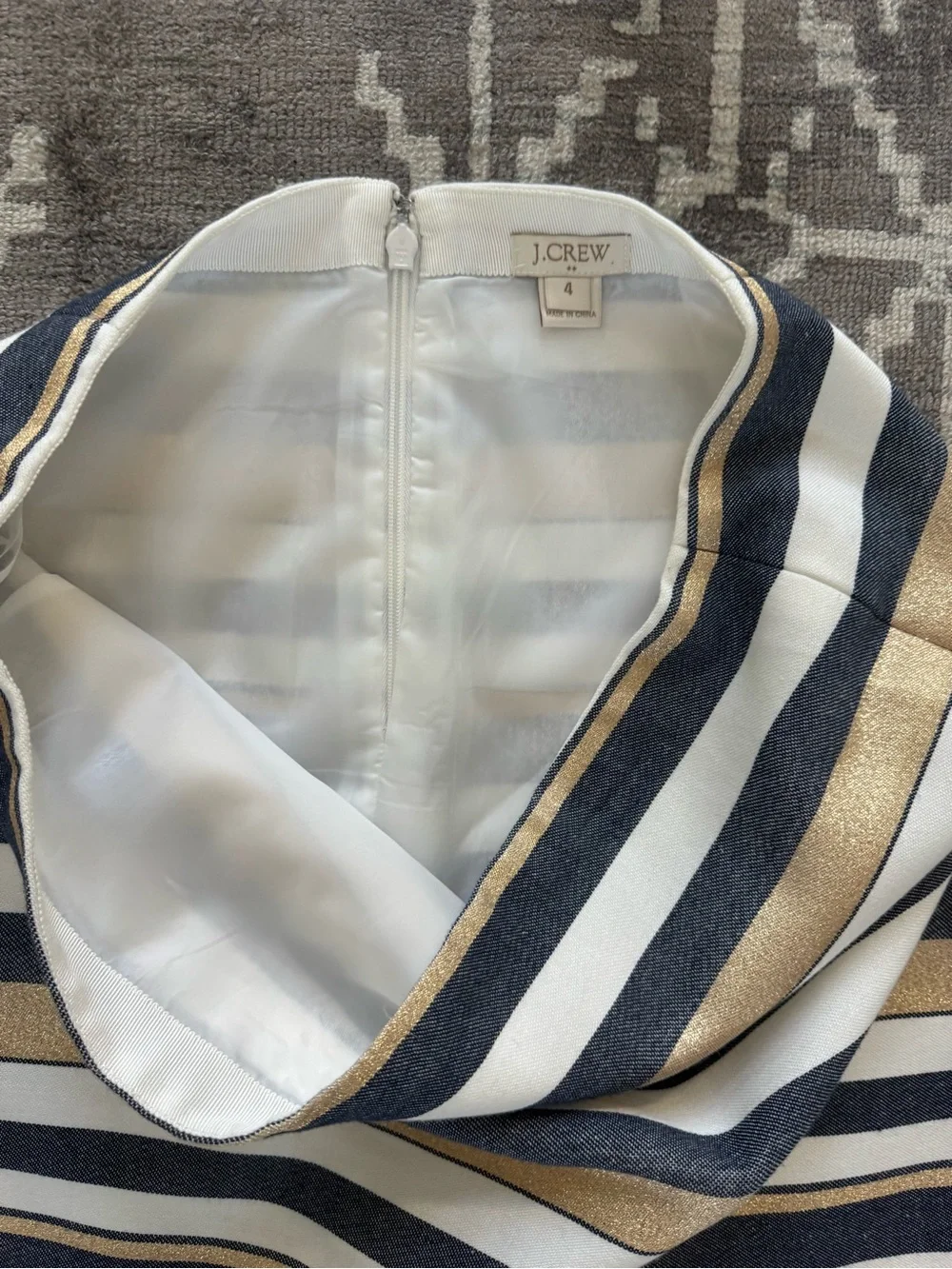 J.Crew Chambray Metallic Gold cream Off White Denim Striped Mini Skirt Lined 4